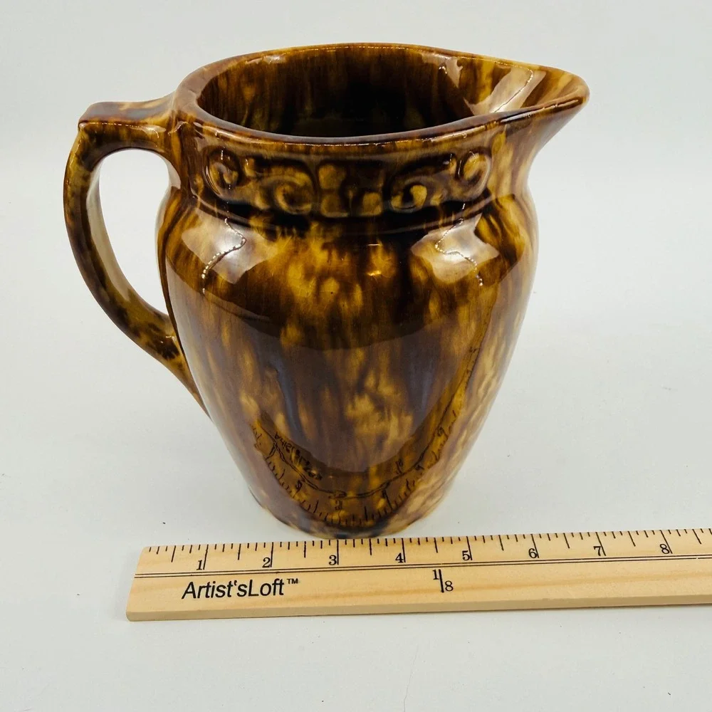 Antique Rockingham Glaze Stoneware Pitcher Brown Bennington Style Embossed 6.5in